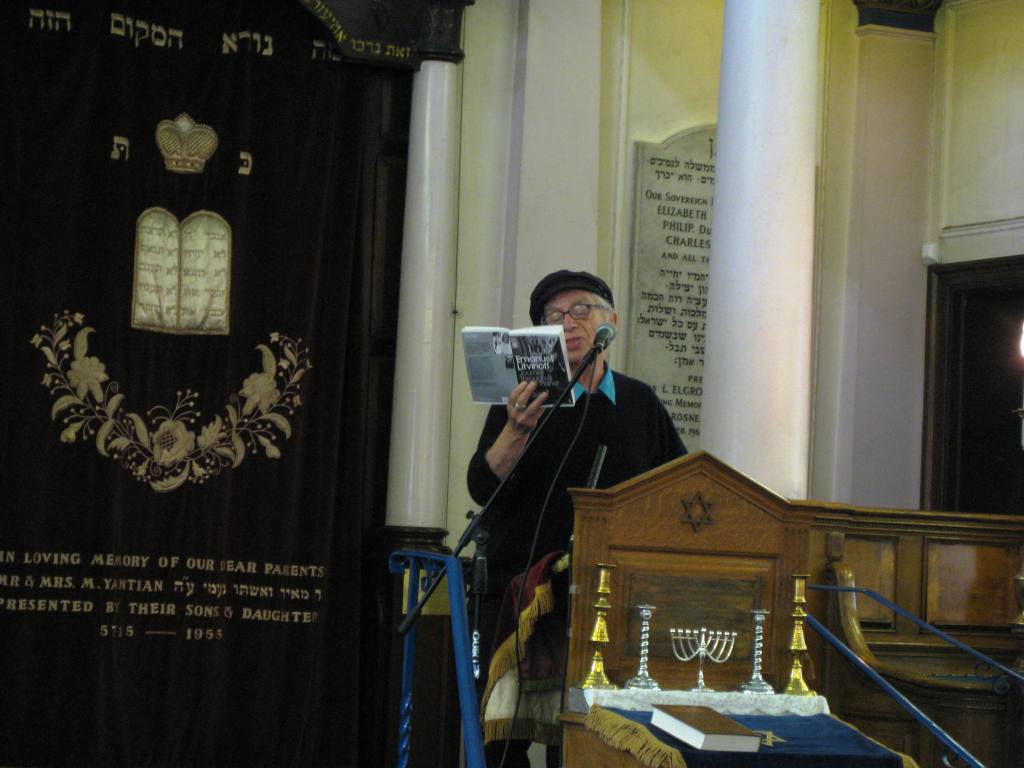Author Bernard Kops reading an excerpt from Journey through a small planet, Nelson Street Synagogue, September 2008